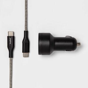 Heyday - USB Car Charger with 6' USB-C to USB-C Braided Cab Black